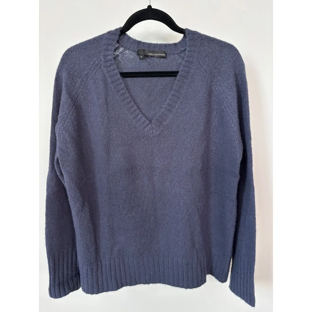 360Cashmere Navy Blue Merino Wool Cashmere V-Neck Sweater 39516 Mens Medium